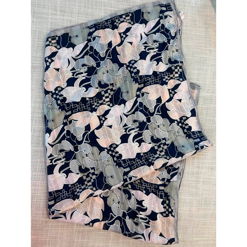 Hanae Mori Scarf Womens OS Navy Blue Floral Geometric Silk Made in Japan